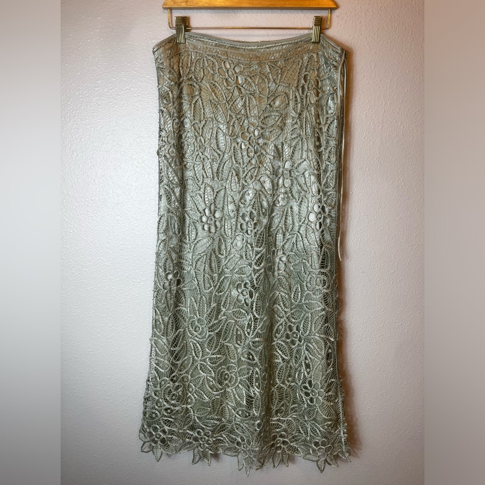 90s Vintage Silken Poetry Sage Green Silk Beaded Soutache Lace Maxi Skirt size M